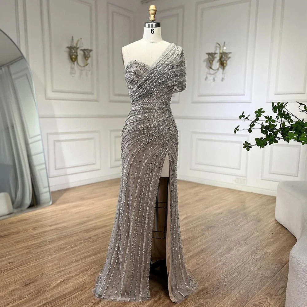 Vestido de noche verde sirena con abertura alta, un hombro y cuentas, para mujer, para boda, fiesta, 2025, LA72364 