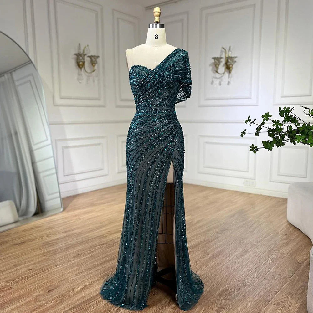 Vestido de noche verde sirena con abertura alta, un hombro y cuentas, para mujer, para boda, fiesta, 2025, LA72364 