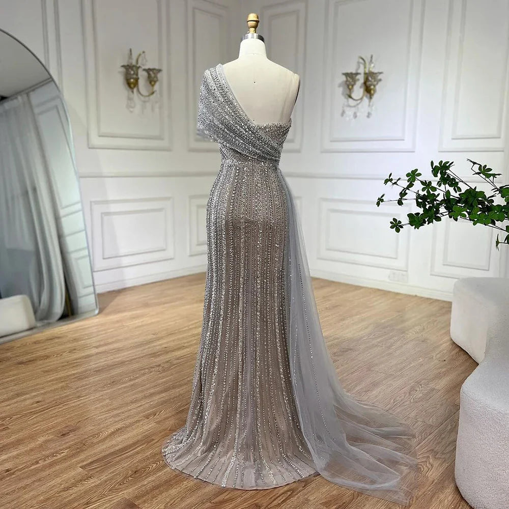 Green Mermaid High Split One Shoulder Beaded Evening Dresses Gowns for Women Wedding Party 2025 LA72364