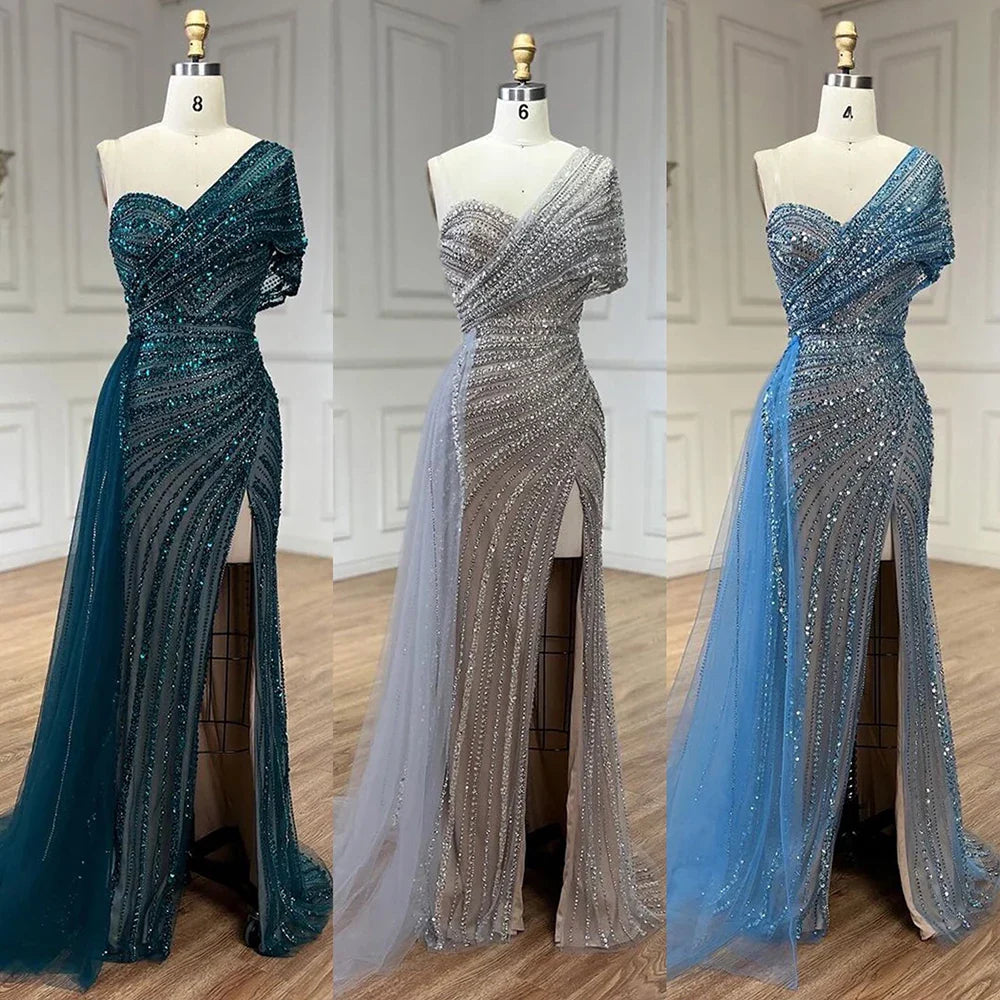 Vestido de noche verde sirena con abertura alta, un hombro y cuentas, para mujer, para boda, fiesta, 2025, LA72364 
