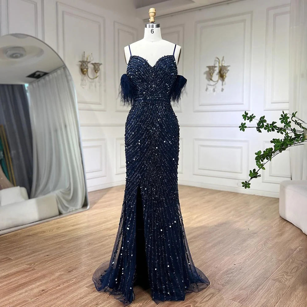Vestido de noche verde sirena con abertura alta y tirantes finos, con plumas y cuentas, para mujer, fiesta LA72238 