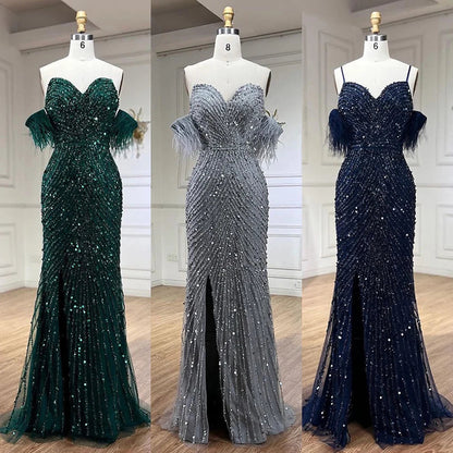 Vestido de noche verde sirena con abertura alta y tirantes finos, con plumas y cuentas, para mujer, fiesta LA72238 