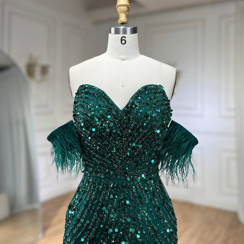 Vestido de noche verde sirena con abertura alta y tirantes finos, con plumas y cuentas, para mujer, fiesta LA72238 