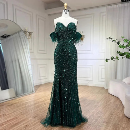 Vestido de noche verde sirena con abertura alta y tirantes finos, con plumas y cuentas, para mujer, fiesta LA72238 