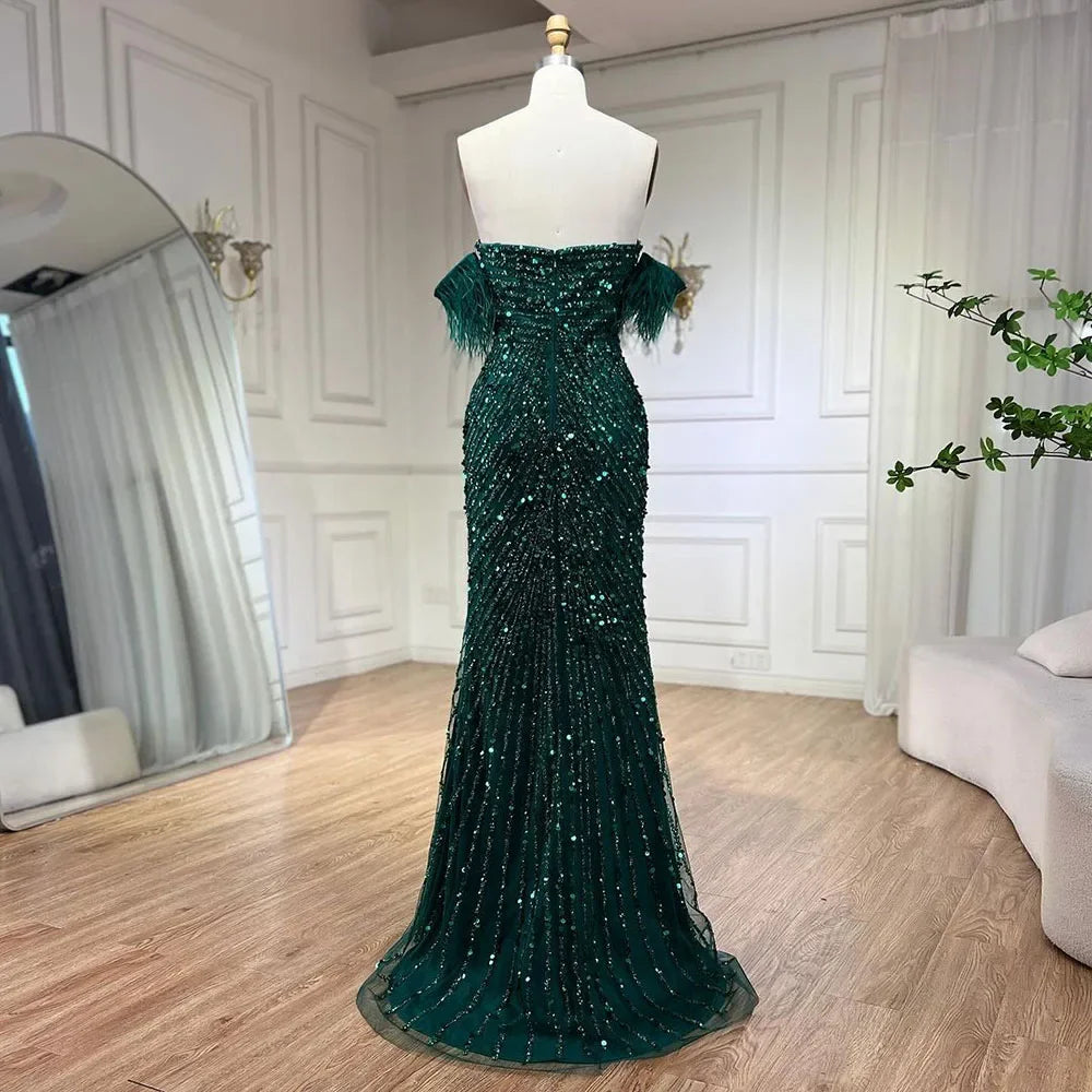 Vestido de noche verde sirena con abertura alta y tirantes finos, con plumas y cuentas, para mujer, fiesta LA72238 