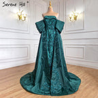 Vestidos de noche de lujo de sirena verde 2025, satén, elegantes y sexis para mujer, para fiesta HM67227 