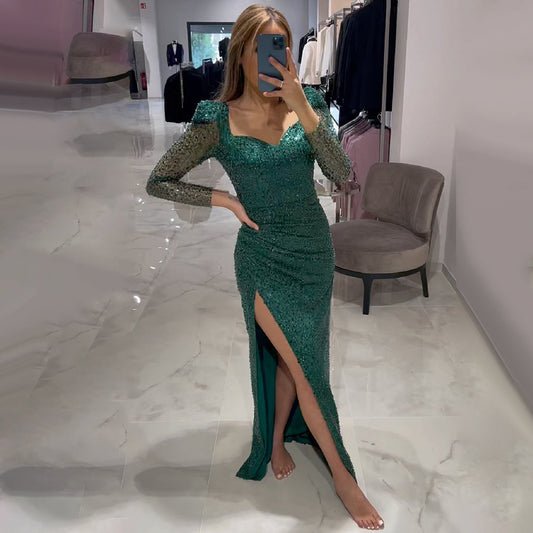 Vestidos de noche de lujo de sirena verde, elegantes, con cuentas y abertura alta, para mujer, para fiesta, LA71664