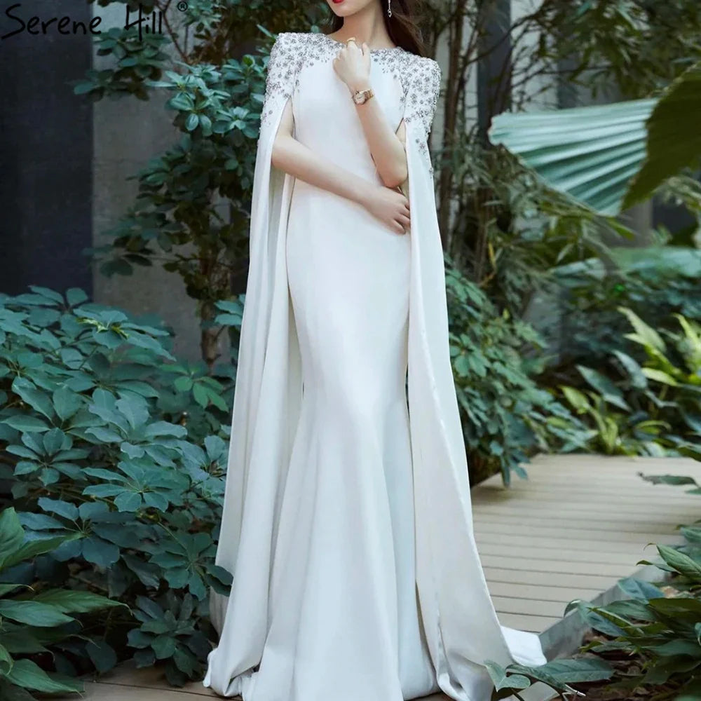 Vestido de noche blanco de sirena con mangas estilo capa, vestidos de noche 2025 para mujer, fiesta LA70934 