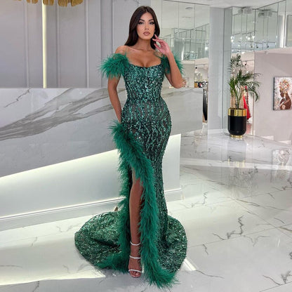 Vestido de noche verde sirena sexy con abertura alta y cuentas de lujo, con plumas, para mujer, boda, fiesta, LA72043 