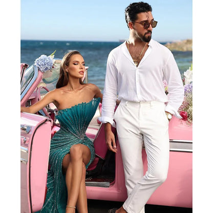 Vestido de noche verde sirena sexy con abertura alta y hombros descubiertos, de lujo, con cuentas, estilo Dubái, para mujer, fiesta, LA72049 