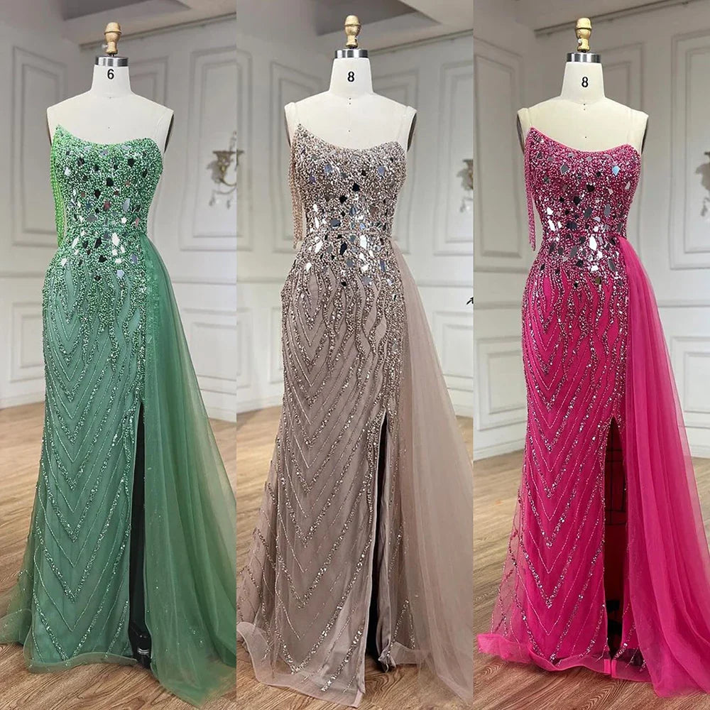 Vestido de noche verde sirena con tirantes finos, abertura alta, cuentas y lentejuelas, para mujer, 2025, fiesta, LA72212 