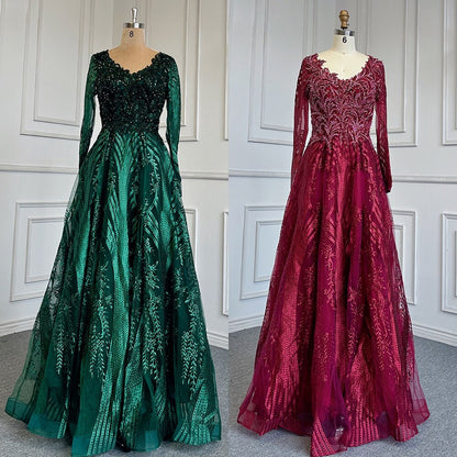 Vestidos de noche musulmanes verdes de corte A con escote corazón, mangas largas, de lujo, con cuentas, 2025, para mujer, fiesta, LA71704 