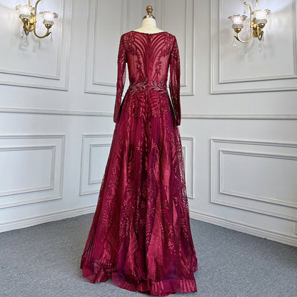 Vestidos de noche musulmanes verdes de corte A con escote corazón, mangas largas, de lujo, con cuentas, 2025, para mujer, fiesta, LA71704 