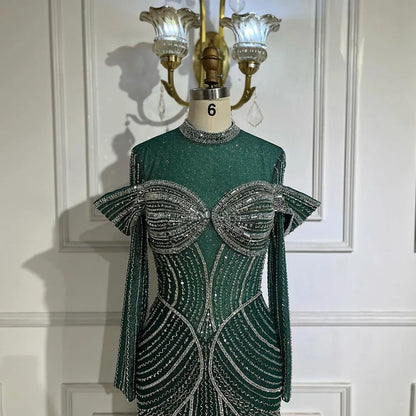 Elegante vestido de noche musulmán verde sirena con cuentas de lujo de Dubái para mujer, fiesta de bodas 2025 LA72547 