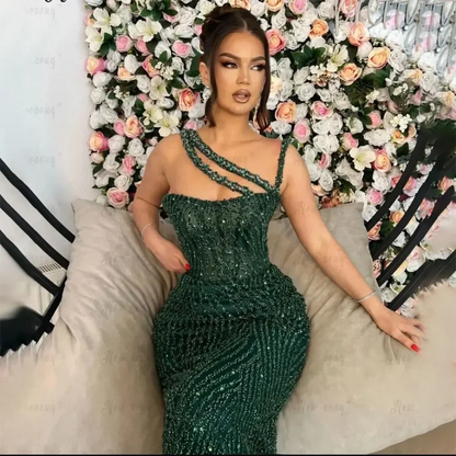 Vestido de noche elegante de sirena con un solo hombro, con cuentas y rojo de lujo para mujer, para fiesta de boda 2025 LA72340 