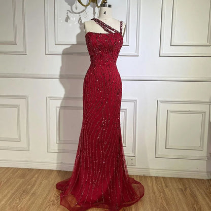 Vestido de noche elegante de sirena con un solo hombro, con cuentas y rojo de lujo para mujer, para fiesta de boda 2025 LA72340 