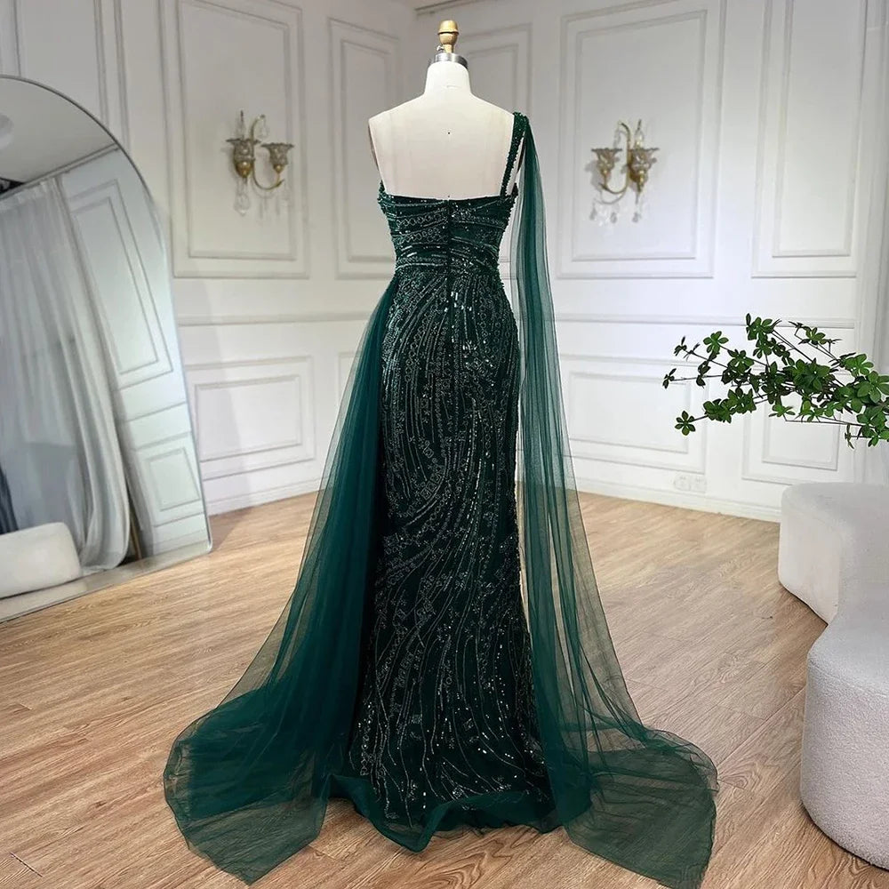 Grüne Meerjungfrau Abendkleider mit einer Schulter und Umhang-Überrock für Frauen, Hochzeit, lange formelle Kleider LA72472 