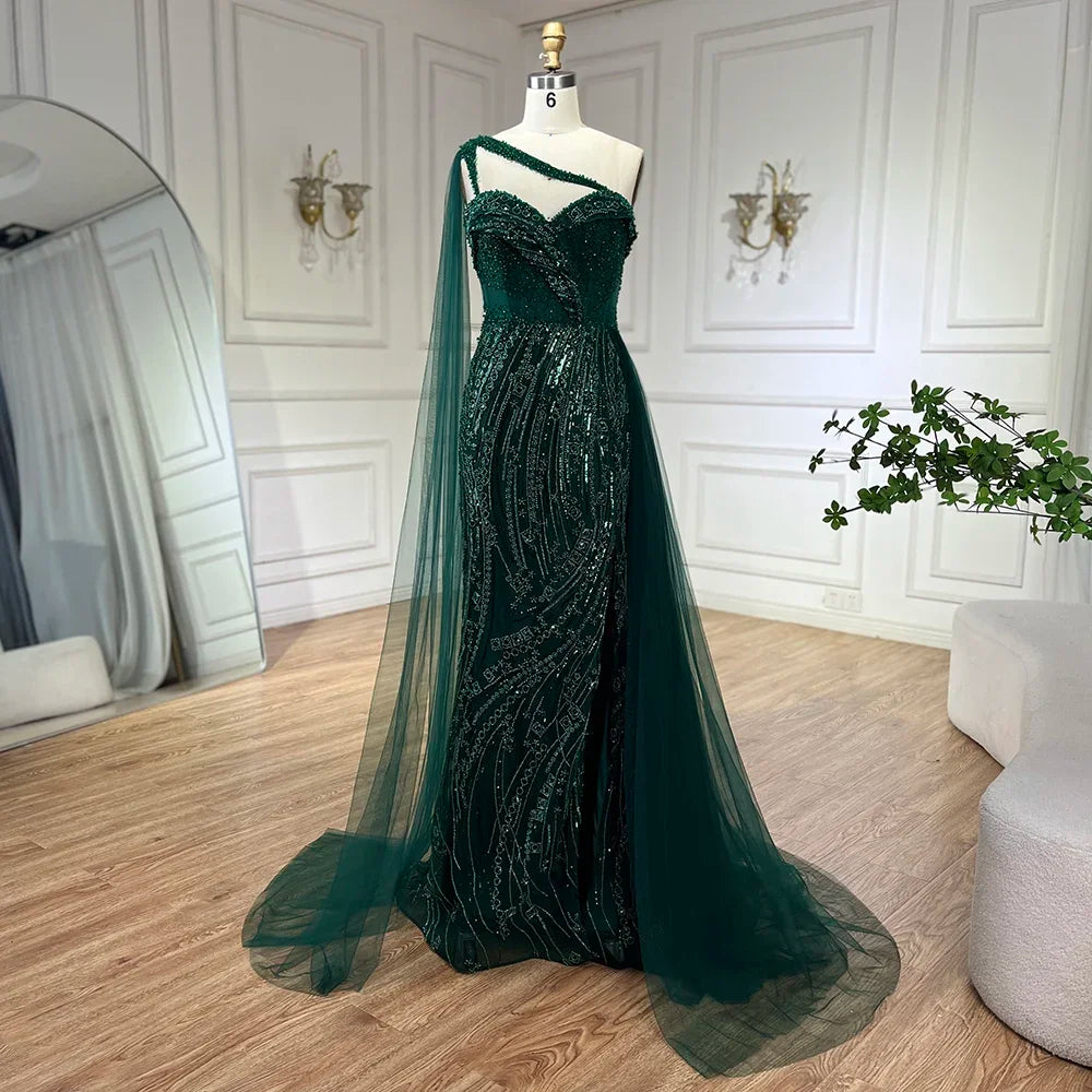 Green One Shoulder Mermaid Evening Dresses with Cape Overskirt Women Wedding Party Long Prom Formal Gowns LA72472