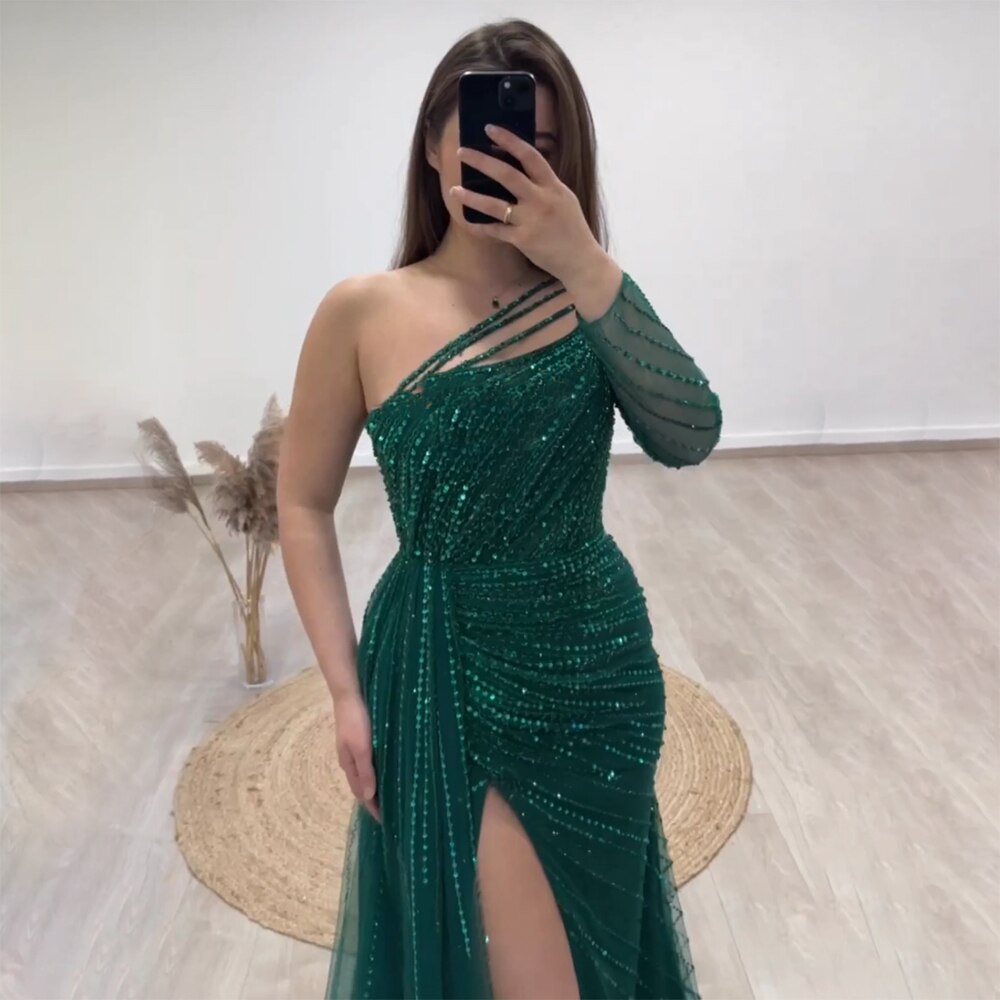 Zum Verkauf keine Rückgabe keine Rückerstattung Grüne One-Shoulder Mermaid Split Open Abendkleider Perlen Sexy Party Kleider 2025 Für Frauen LA72046 
