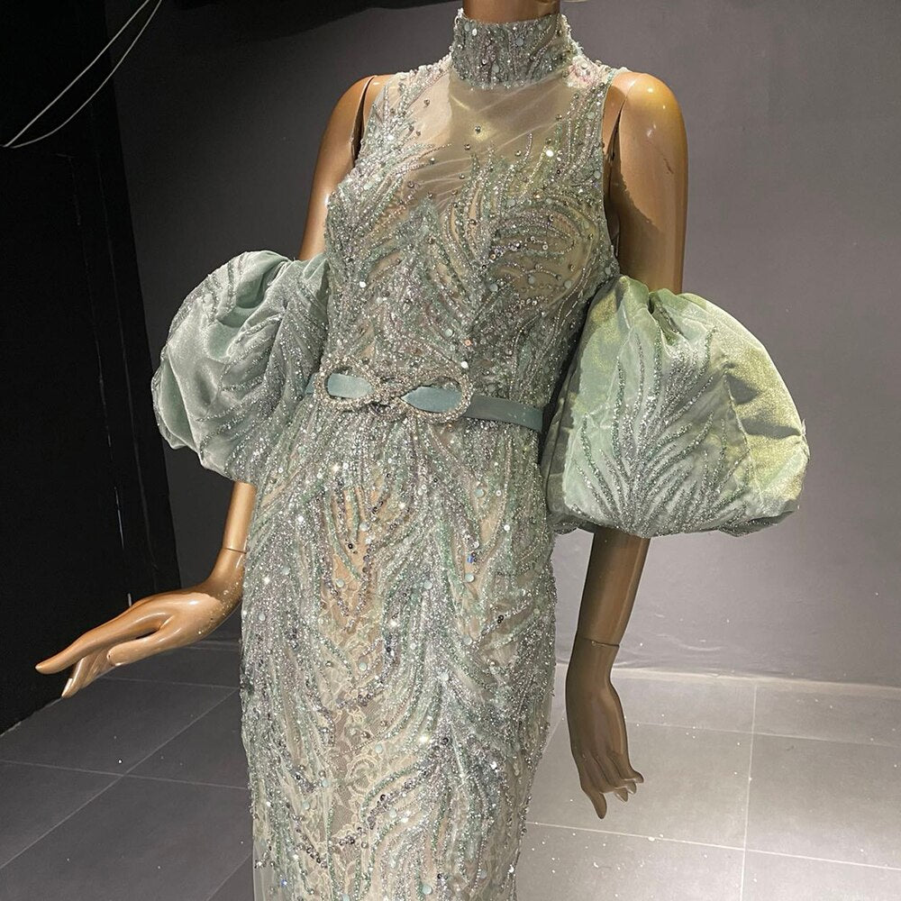 Vestidos de noche verdes con mangas abullonadas, corte sirena con cuentas, de lujo, elegantes, para mujer, fiesta, LA71537 