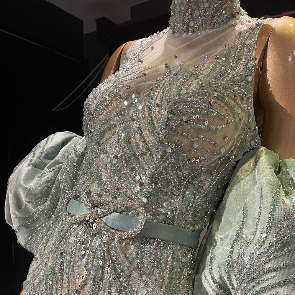 Vestidos de noche verdes con mangas abullonadas, corte sirena con cuentas, de lujo, elegantes, para mujer, fiesta, LA71537 