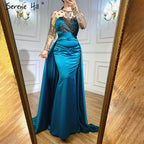 Vestidos de noche de satén verde, corte A, con cuentas, sexys, para mujer, para boda, fiesta, LA71067 