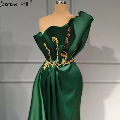 Vestidos de noche sexys de satén verde, corte sirena, un hombro, con cuentas, para mujer, fiesta, LA70850 