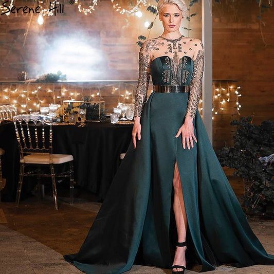 Vestidos de noche de satén verde con abertura, corte A, con cuentas, sexys, para mujer, para boda, fiesta, LA71067 
