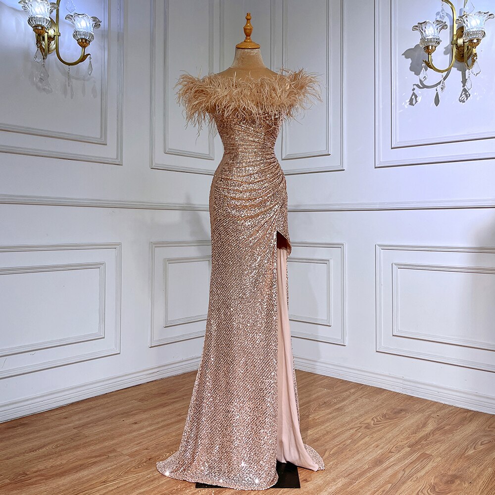 Green Sexy Mermaid High Split Feathers Formal Luxury Evening Dresses Gowns For Women Wedding Party 2025 LA71848