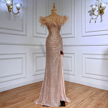 Vestido de noche formal de lujo con escote sirena, verde, sexy, con plumas abiertas, para mujer, para boda, fiesta, 2025, LA71848 