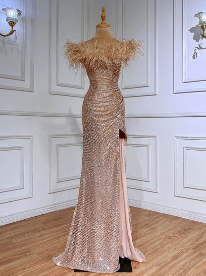 Vestido de noche formal de lujo con escote sirena, verde, sexy, con plumas abiertas, para mujer, para boda, fiesta, 2025, LA71848 