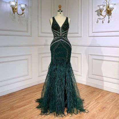 Vestido de fiesta árabe de lujo, estilo sirena, verde, sexy, con plumas abiertas y cuentas, para mujer, 2025, LA71845 