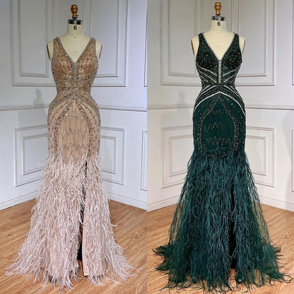 Vestido de fiesta árabe de lujo, estilo sirena, verde, sexy, con plumas abiertas y cuentas, para mujer, 2025, LA71845 