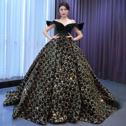 Vestido de novia verde sexy con hombros descubiertos, de lujo, con lentejuelas brillantes y cuentas, 2025, de alta gama, hecho a medida, HM67477 