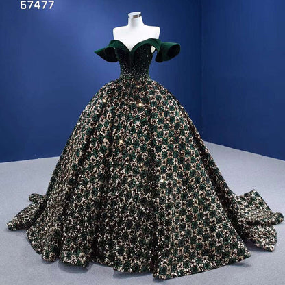 Vestido de novia verde sexy con hombros descubiertos, de lujo, con lentejuelas brillantes y cuentas, 2025, de alta gama, hecho a medida, HM67477 