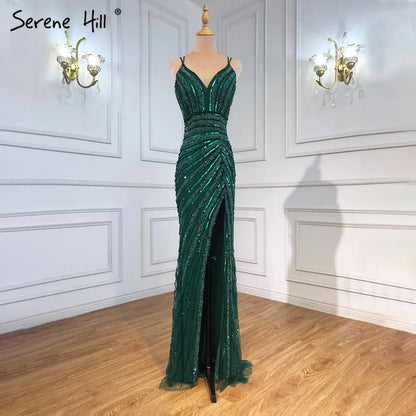 Vestido de noche verde sirena con tirantes finos, elegante, con cuentas y abertura alta, para mujer, fiesta, LA71235 