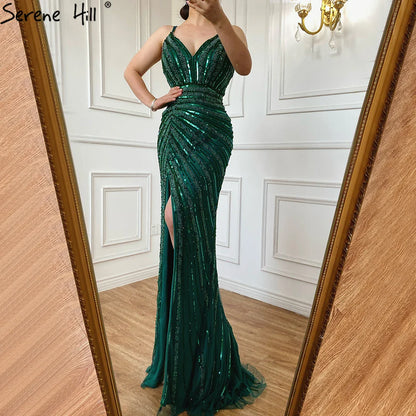 Vestido de noche verde sirena con tirantes finos, elegante, con cuentas y abertura alta, para mujer, fiesta, LA71235 