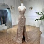 Green Spaghetti Strap Mermaid Evening Dresses Gowns 2025 Beaded Elegant High Split For Women Party LA71235