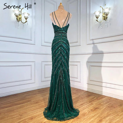 Vestido de noche verde sirena con tirantes finos, elegante, con cuentas y abertura alta, para mujer, fiesta, LA71235 
