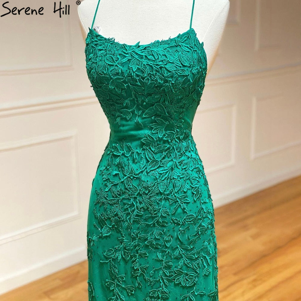 Vestido de fiesta de sirena con tirantes finos verdes, elegante, con encaje de cristal, para graduación y escuela, LA71162 