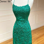 Vestido de fiesta de sirena con tirantes finos verdes, elegante, con encaje de cristal, para graduación y escuela, LA71162 