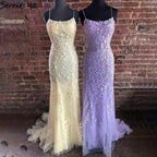 Vestido de fiesta de sirena con tirantes finos verdes, elegante, con encaje de cristal, para graduación y escuela, LA71162 
