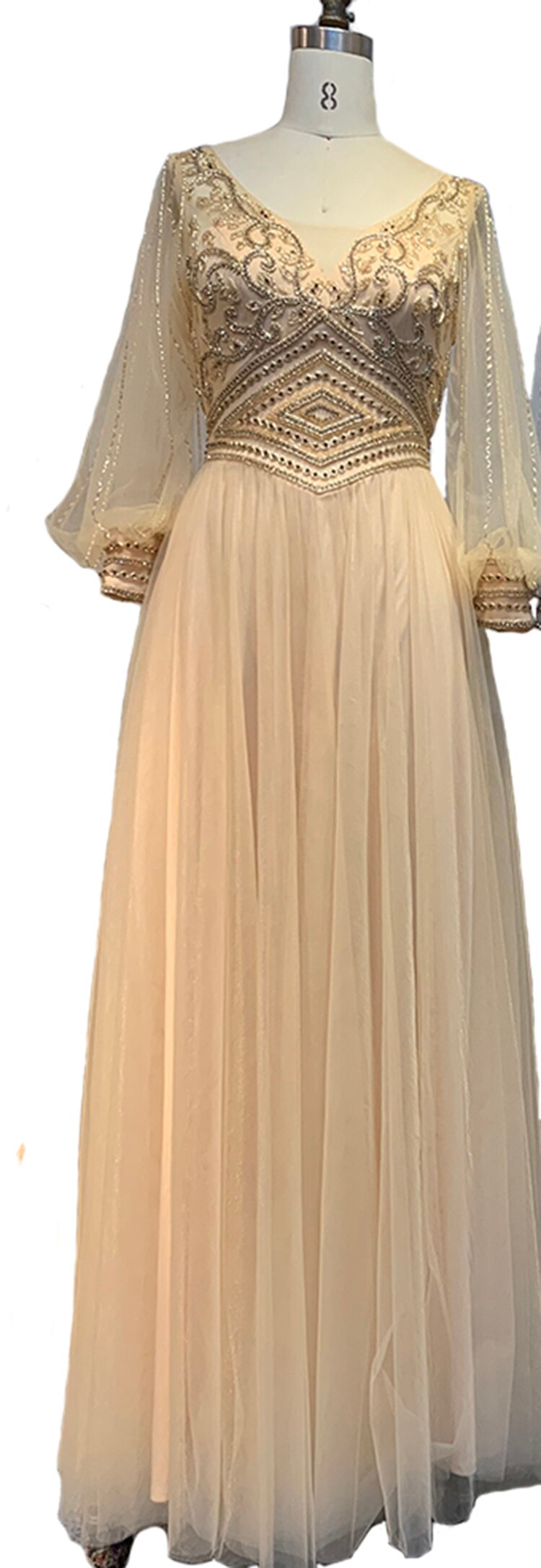 Vestidos de noche grises de corte A con cuentas, mangas largas tipo farol, de lujo, para mujer, fiesta, LA70964 