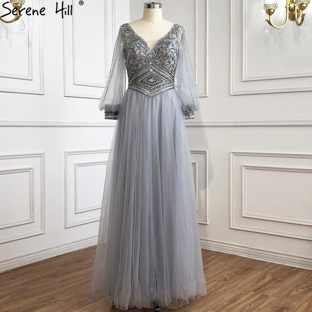 Vestidos de noche grises de corte A con cuentas, mangas largas tipo farol, de lujo, para mujer, fiesta, LA70964 