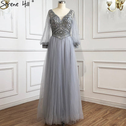 Vestidos de noche grises de corte A con cuentas, mangas largas tipo farol, de lujo, para mujer, fiesta, LA70964 