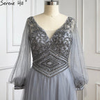 Grey A-Line Beaded Evening Dresses Gowns 2025 Long Lantern Sleeves Luxury For Women Party LA70964