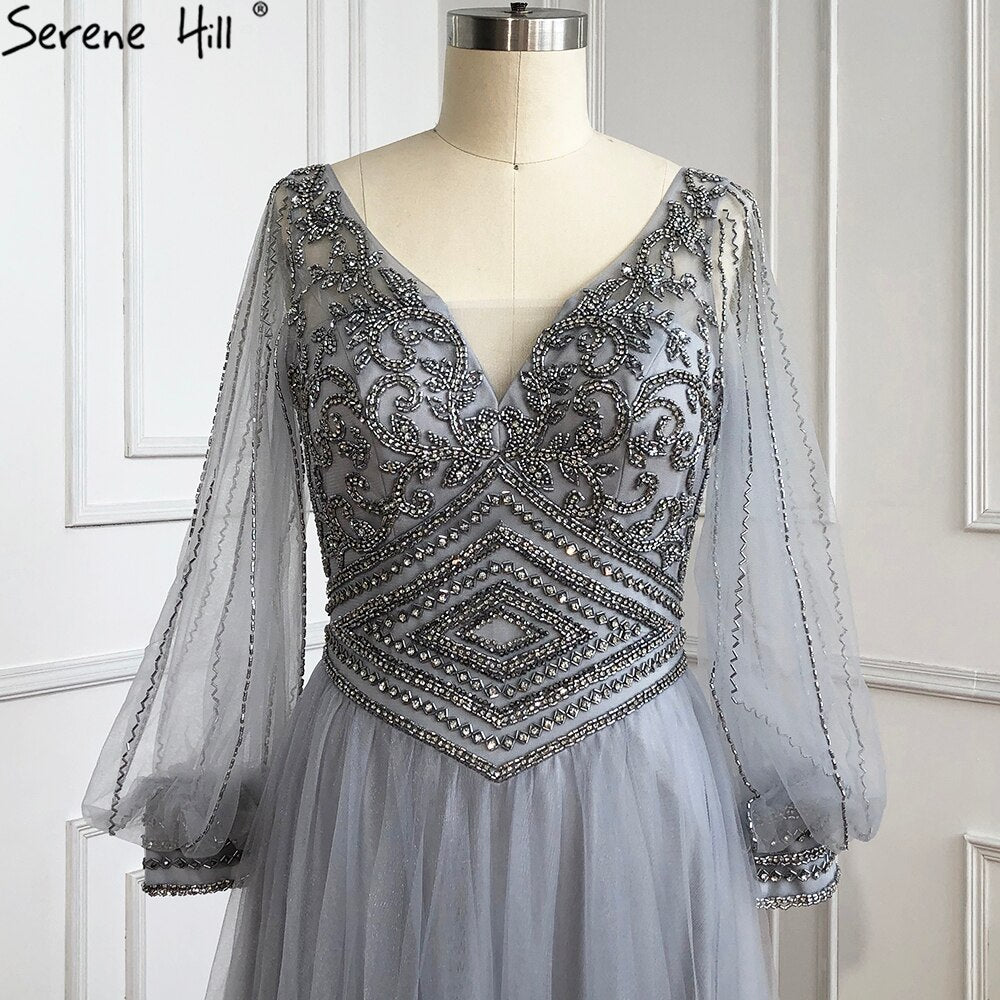 Vestidos de noche grises de corte A con cuentas, mangas largas tipo farol, de lujo, para mujer, fiesta, LA70964 