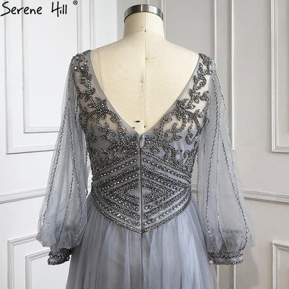 Vestidos de noche grises de corte A con cuentas, mangas largas tipo farol, de lujo, para mujer, fiesta, LA70964 