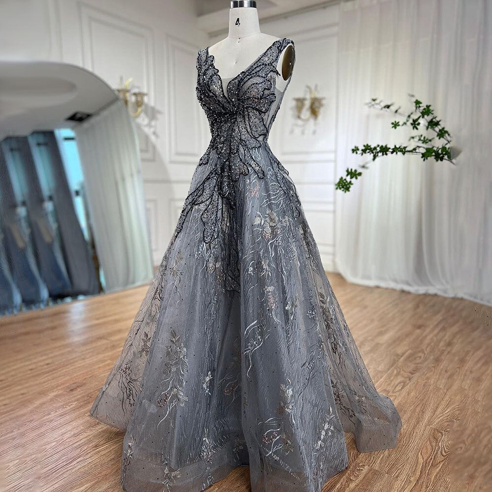 Grau A-Linie Luxus Abendkleider 2025 Perlen Ärmellos Sexy Für Frauen Hochzeit Party LA71250 