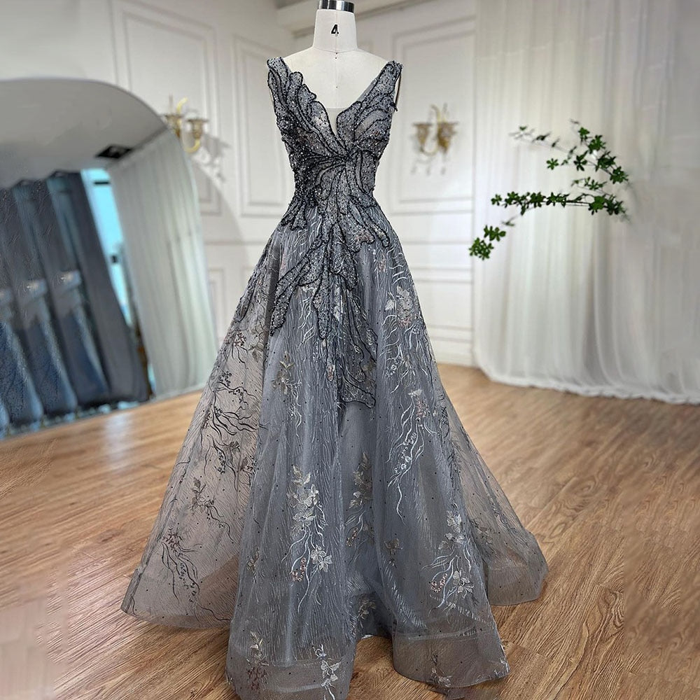 Grau A-Linie Luxus Abendkleider 2025 Perlen Ärmellos Sexy Für Frauen Hochzeit Party LA71250 